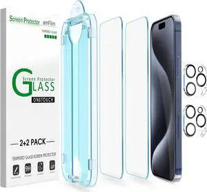 amFilm Easiest Installation OneTouch for iPhone 15 Pro Max Screen Protector [6.7 Inch] Tempered Glass + Camera Lens Protector, Auto-Alignment Tech, Bubble Free, Case Friendly, Anti-Scratch [2+2 Pack]