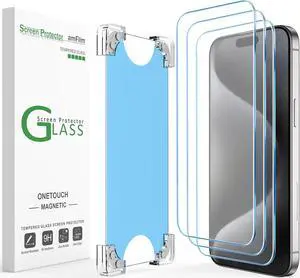 amFilm Magnetic OneTouch 3 Pack Compatible with iPhone 15 Pro Screen Protector 6.1" Tempered Glass Accessories, Premium Easiest Installation Kit 9H HD, Case Friendly