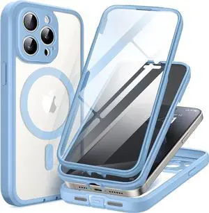 TIESZEN Magnetic for iPhone 15 Pro Max Case, [Dustproof Design] Compatible with MagSafe, Built-in 9H Tempered Glass Screen Protector + Privacy Screen Protector & Upgraded Camera Protection, Sky Blue