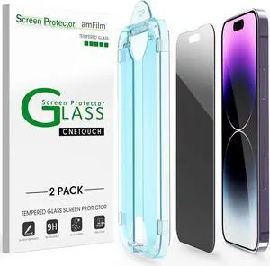 amFilm(2 Pack OneTouch for iPhone 14 Pro 6.1" 2022 Privacy Screen Protector, 9H Tempered Glass Anti Spy Private, Edge to Edge Full Coverage with Easy Installation Kit