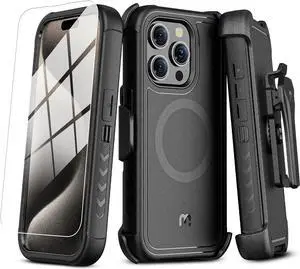 MYBAT PRO Maverick Series iPhone 15 Pro Max Case with Belt Clip Holster,[Compatible with Magsafe] w/Screen Protector,Anti-Drop,Shockproof,with 360°Rotating Kickstand,Heavy Duty Protection Black