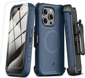 MYBAT PRO Maverick Series iPhone 15 Pro Max Case with Belt Clip Holster,with Screen Protector,Anti-Drop,Shockproof,with 360°Rotating Kickstand,Heavy Duty Protection Blue