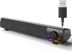 Computer Speakers, USB Powered 3.5mm AUX PC Sound Bar for Desktop Monitor, Gaming Speakers with Headphones & Microphone Link, Superb Stereo Sound, Plug-n-Play (Black)