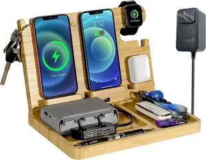 Nightstand Charging Station, 27W Fast Charging Wireless Charger Stand for iPhone/iWatch/Airpod/Samsung, Bamboo Phone Docking Station for Multi devices, Desk Nightstand Organizer Gifts for Men