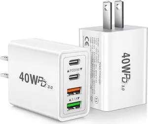 [2-Pack] USB C Wall Charger, 40W 4-Port PD Fast USB C Charging Block, 2USB C+2USB A Multiport Plug,Type C Power Adapter Brick for iPhone 16 15 14 13 12 11 Pro Max XS XR, iPad, SamsungTablet