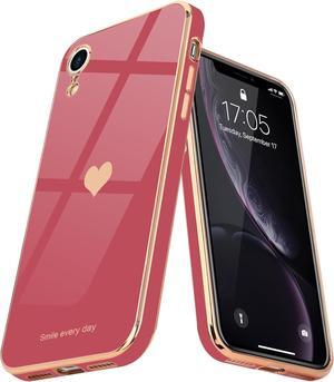 Teageo Compatible with iPhone Xr Case for Women Girl Cute Love-Heart Luxury Bling Plating Soft Back Cover Raised Full Camera Protection Bumper Silicone Shockproof Phone Case for iPhone Xr,Bright Blush