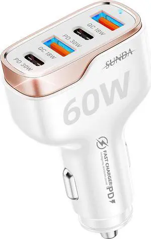 SUNDA 60W USB C Fast Car Charger, 4-Ports Car Charger Adapter, Dual Type C PD30W/PPS30W Compatible with iPhone16/15 Pro/Max/iPhone14/iPad Pro/Galaxy/SamsungS24, Dual USB-A 18W QC3.0 for Android