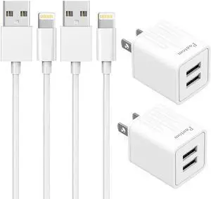 Dual Port Wall Charger Plug with 5-Feet Cable Charge Sync Compatible with iPhone 14/14 Pro Max/13/12/12 Mini/11/X/8/8 Plus/7/6/5 iPods iPads Airpods (2-Packs)(Black) (White)