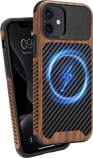 Magnetic Case Compatible with iPhone 11 Case [Compatible with MagSafe] Wood and Leather Carbon Fiber Design Hybrid Shockproof Phone Case (Black)
