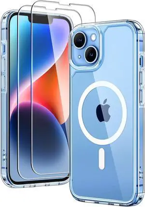 TAURI 3 in 1 Magnetic for iPhone 13 Case, [Compatible with MagSafe] [with 2X Screen Protectors] Not-Yellowing, Military-Grade Protection Slim Phone Case for 13 Cover, Clear, 6.1"
