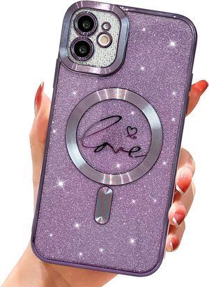 for iPhone 11 Magnetic Glitter Clear Case, [Compatible with Magsafe] Luxury Plating Love Heart Pattern Design, Full Camera Lens Protector Soft TPU Protective Case for Women 6.1"-Purple