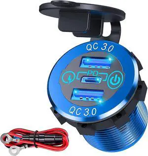 12V USB Outlet, 30W USB C & 30W Dual QC 3.0 USB A Port, Quick Charge 12V 24V USB C Outlet with Touch Switch, Waterproof Charger Socket for Car RV Boat Marine Motorcycle Truck Golf Cart