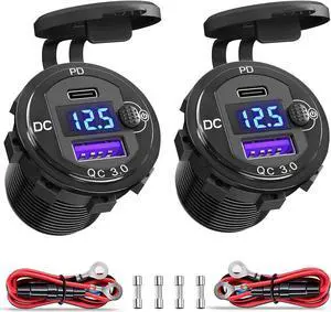 PD 20W USB-C and 18W QC3.0 USB Port Aluminum 12V Charger Socket with Power Switch Voltmeter for Car, Boat, Marine, Bus, Truck, Golf Cart, RV, Motorcycle
