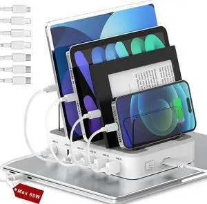 120W Charging Station for Multiple Devices - 6 Port Charger Station Designed for Apple iPhone iPad Tablets, 65W Max USB-C Fast Charger for Laptops (7 Cables & 2-in-1 Stand Included)