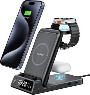 Wireless Charging Station for iPhone, SwanScout 703A, Wireless Charger for iPhone 15/14/13/12/11 Series, for Apple Watch Ultra 2/9/8/7/6/5/SE, for Airpods Pro 2, Travel Foldable and Portable
