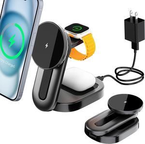 KPON 3 in 1 Wireless Charging Station for Apple Mag-Safe, Magnetic Wireless Charger Stand Foldable for Multiple Devices,Travel Charging Dock for iPhone 15 Pro Max Plus/14/13/12/Mini/iWatch/AirPods