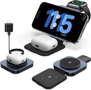 3 in 1 Wireless Charger for MagSafe, Magnetic Foldable Travel Charging Station Stand Pad Compatible with Apple Watch/Ultra, iPhone 15/14/13/12 Series and AirPods Pro/3/2 (Adapter Included)-Black