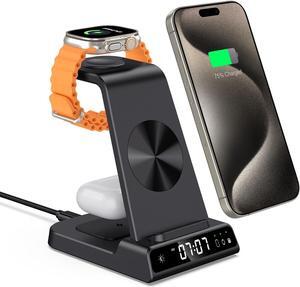 Wireless Charger for iPhone, 3 in 1 Charging Station for Apple Watch Ultra 2/Watch 9/8/7/6/5, for iPhone 15/14/13/12/11/X Series, for Air Pods Pro 2/3/Pro (with Digital Clock)