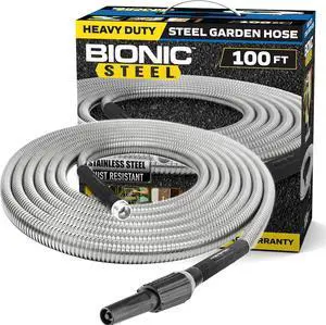 Bionic Steel Metal Garden Hose 100 Ft with Nozzle, 304 Stainless Steel Water Hose 100Ft, Flexible Hose, 100 Ft Garden Hose, Kink Free, Lightweight, Crush Resistant, Easy to Coil, 500 PSI - 2025 Model