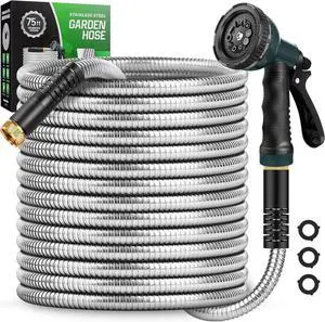 Garden Hose 75 FT with 10-Function Nozzle, Leak-proof Metal Connector, No Knots, Kink-Free, Lighter, Anti-Pets, Wear-Resistant, 3/4 GHT, Metal Hose for Yard, Outdoor