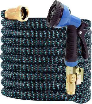 J&B XpandaHose 75ft Expandable Garden Hose with Holder - Heavy Duty Superior Strength 3750D - 4 -Layer Latex Core - Extra Strong Brass Connectors and 10 Spray Nozzle w/Storage Bag (Blue 75)