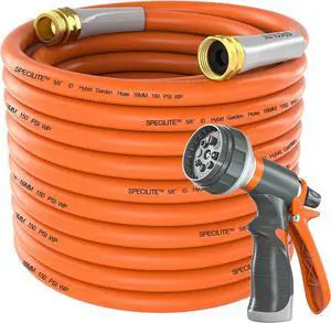 Garden Hose 50 ft x 5/8 in Heavy Duty, Flexible and Lightweight Water Hose, Burst 600 psi, Kink-less Hybrid Rubber Hose for Backyard, 3/4'' Brass Fittings