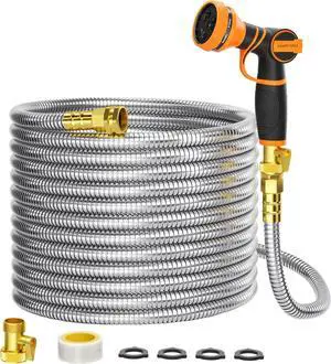 Giraffe Tools Garden Hose 100ft x 5/8", 304 Stainless Steel Metal Water Hose, No Kink Garden Water Hose with 9 Pattern Spray Nozzle, Flexible, Lightweight, Kink Free Hose for Yard, Outdoor