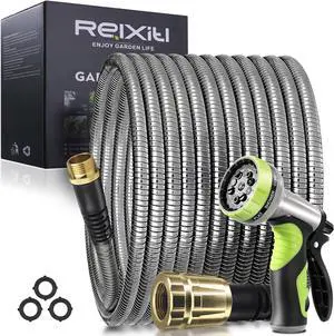 Relxitl Garden Hose 50FT, Stainless Steel Garden Hose Metal, Flexible Water Hose with Sprayer for Yard Never Kink and Tangle, Durable and Leak Proof, Lightweight Hose for Outdoor Use
