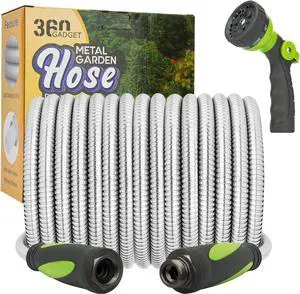 Garden Hose - Water Hose 25 FT with Swivel Handle & 8 Function Nozzle, Flexible, Heavy Duty, No Kink, Lightweight Metal Hose for Outdoor, Yard, 304 Stainless Stee