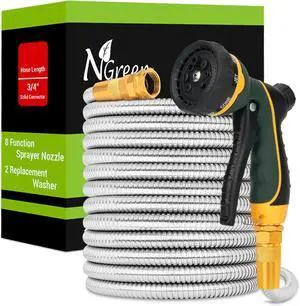 NGreen Stainless Steel Garden Hose - Flexible Metal Water Hose with Nozzle, Puncture, Rust Proof and Corrosion Resistant, Never Kink and High Pressure, Collapsible and Easy to Store (50FT)