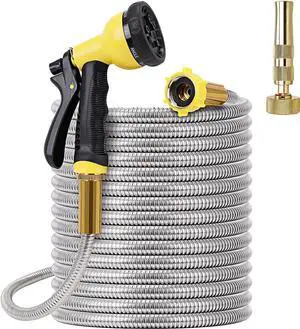 FOXEASE Metal Garden Hose 75FT - Stainless Steel Heavy Duty Water Hose with Metal Nozzle & 8 Function Sprayer, Portable & Lightweight Kink Free Yard Hose, Outdoor Hose