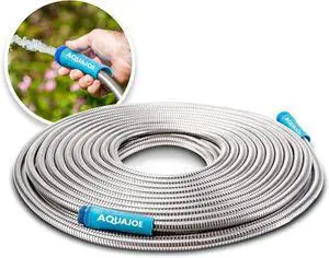 Aqua Joe AJSGH50 1/2-Inch Heavy-Duty, Puncture Proof Kink-Free, Spiral Constructed 304-Stainless Steel Metal, Garden Hose, 50-Foot