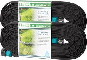 LINEX Flat Soaker Hose 100 ft for Garden Beds, 1/2'' x 50 ft 2 Pack Drip Irrigation Hoses Save Water 80% Heavy Duty for Vegetable