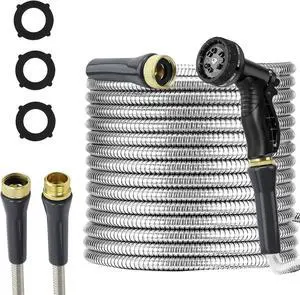 Stainless Steel Garden Hose 100ft Heavy Duty Metal Water Hoses with 10 Function Water Hose Nozzles for Yard Outdoor