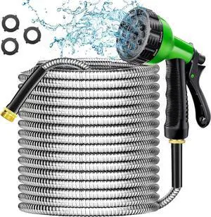 Garden Hose 100 ft - Stainless Steel Water Hose 100ft with 10 Function Nozzle, No Kinks & No Tangles, Flexible, Lightweight, Puncture & Rust Proof Metal Garden Hose for Yard, RV, Garden, Outdoor