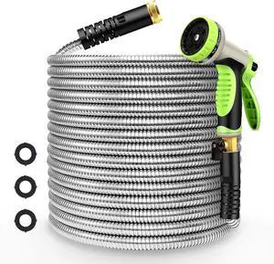 Metal Garden Hose 100ft Flexible Water Hose Stainless Steel Heavy Duty Lightweight Durable Strong Kink Free Extra Long Hose Pipe with 10 Way Nozzle for Outdoor Outside Lawn Yard
