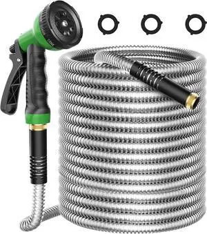 Metal Garden Hose 50ft, Stainless Steel Water Hose Leak-Proof w/10 Function Sprayer Nozzle, 3/4" Fittings Flexible Garden Hose, Long-Lasting, Lightweight, No-Kink Water Hose, for Yard and Lawn
