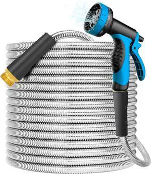 Stainless Steel 25FT Garden Hose with 10 Functions, Adjustable Spray Nozzle, Flexible Durable No Kink Leak Dog Proof Metal Water Hose for Yard Lawn