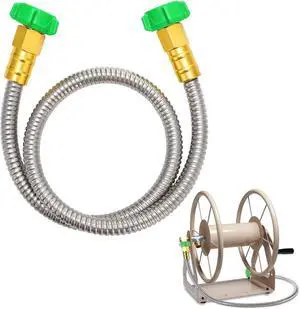 Short Garden Hose with Female to Female Connector, 3ft Metal Leakproof Leader Hose for Hose Reel, Heavy Duty 304 Stainless Steel Flexible Hose for Outdoor Garden Watering Car Pet Cleaning