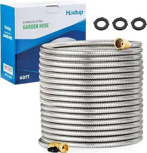 Metal Garden Hose 60 FT, Stainless Steel Water Hose, Garden Hose Tough & Flexible, Lightweight, Crush Resistant Brass Fittings & Shut Off Valve, Kink & Tangle Free, Rust Proof (Silver, 60 FT)