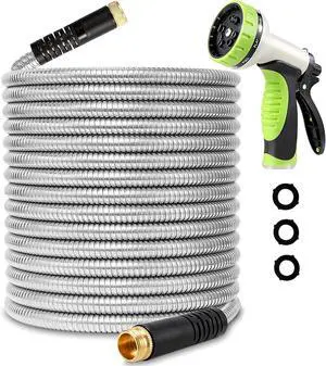 Flexible Metal Garden Hose 100ft-Heavy Duty Water Hose with Durable 304 Stainless Steel and 10 Way Spray Nozzle-Strong 3/4'' Solid Brass Fitting-Outdoor Yard No Kink Lightweight Long Hose Pipe