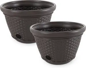 Suncast 2-Pack Resin Wicker Garden Hose Pot, 100 ft. 5/8 in. Vinyl Water Hose Holder, Java