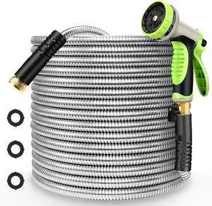 Metal Garden Hose 25FT Stainless Steel Heavy Duty Flexible Lightweight Water Hoses Pipe with 10-Function Spray Nozzle and 3/4" Solid Brass Fittings No Kink Durable for Outdoor Yard & Lawn