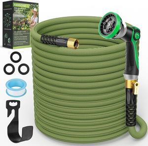 Non-Expandable Garden Hose 50 ft, Ultra Lightweight Flexible Water Hose with 10-Pattern Nozzle, Kink-Resistant, Leak-Proof, High-Density Fabric, Thickened Connector, Shut-Off Valve & Holder