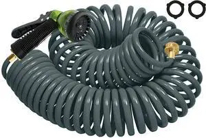 Coil Hose 25FT EVA Coil Garden Hose With 3/4'' Brass Connector Coiled Water Hose Lightweight And No Kink Includes 7 Patterns Spray Nozzle For Outdoors Lawn Watering Car Washing