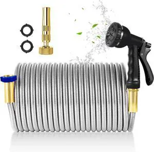 304 Stainless Steel Garden Hose with Brass Nozzle Outdoor Hose, 7 Function Spray Gun Solid Metal Fittings Water Hose Flexible Kink Free and Easy to Store (25FT)