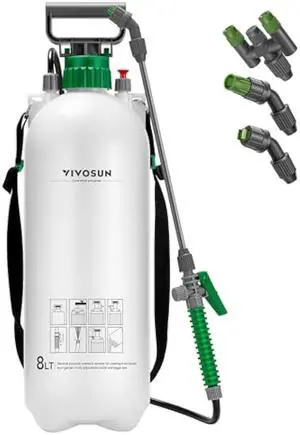 VIVOSUN Pump Sprayer 2.1 Gallon, Portable Water Spray Bottle in Lawn and Garden Yard, Weed Sprayer for Plants with 3 Nozzles, Adjustable Shoulder Strap, Pressure Relief Valve