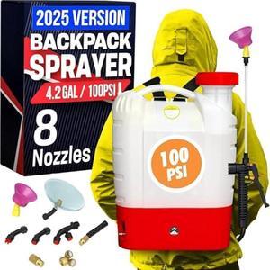 Battery Powered Backpack Sprayer - 4.2 Gallon, 8 Nozzles, 100PSI Cutoff, Long Battery Life, Wide Mouth, High-Pressure Spray Hose, Trigger Lock, Pressure Knob Controller