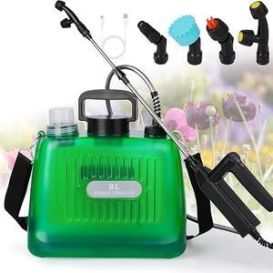 Battery Powered Sprayer 2 Gallon, Electric Sprayer with 4 Mist Nozzles, USB Rechargeable Handle, 32in telescopic Wand, Garden Sprayer with Adjustable Shoulder Strap for Lawn, Garden, Cleaning