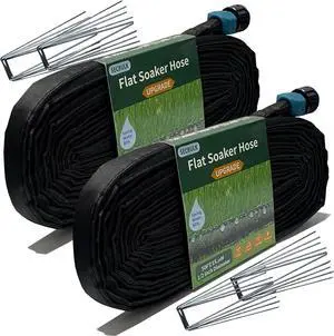 2025 Flat Soaker Hose 100 ft with Stakes for Garden, 50ft x 2 Linkable Drip Hose Diy Garden Irrigation System Saving 80% Water, Dual-layer Leak-free Design Water Hose with Holes
